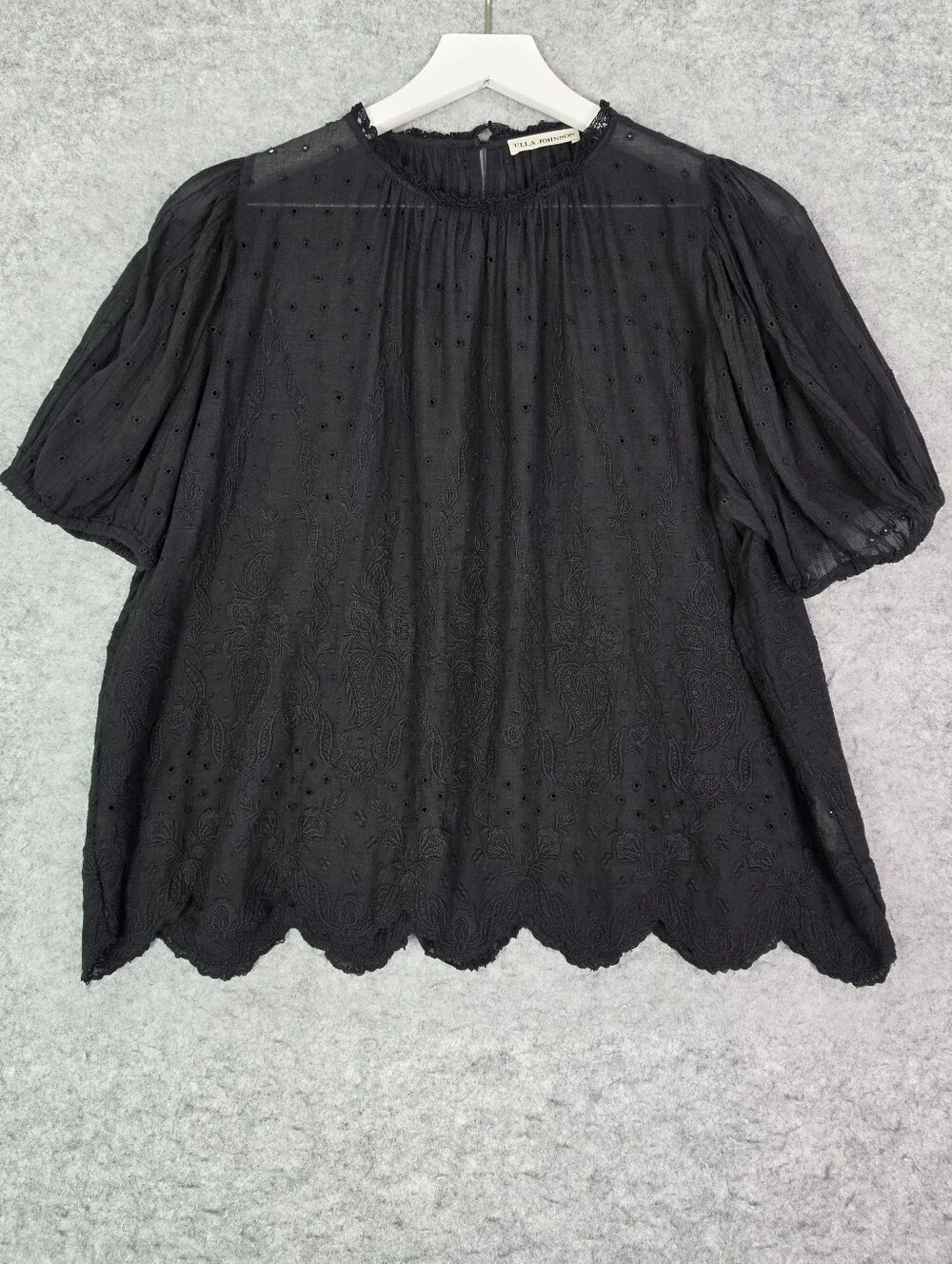 Ulla Johnson Black Sheer Swiss Dot Ruffle Neck Blouse